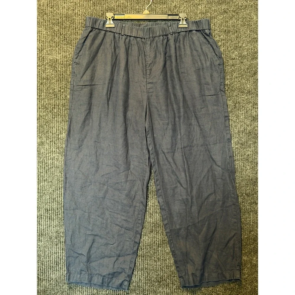 Quince Navy Black 100% European Linen Wide Leg Elastic Waist Pants XL High Rise